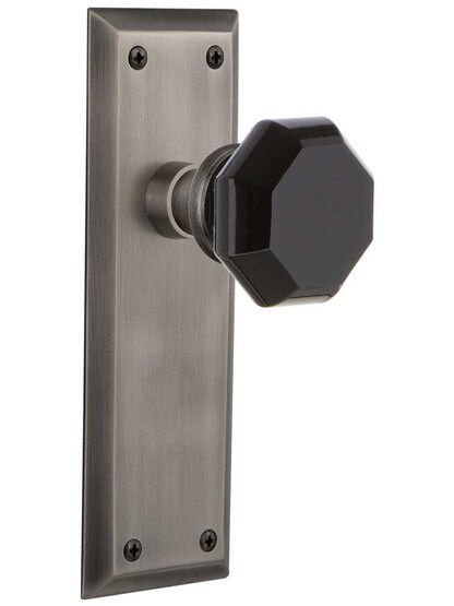 New York Door Set with Colored Waldorf Crystal Glass Knobs Black in Antique Pewter.